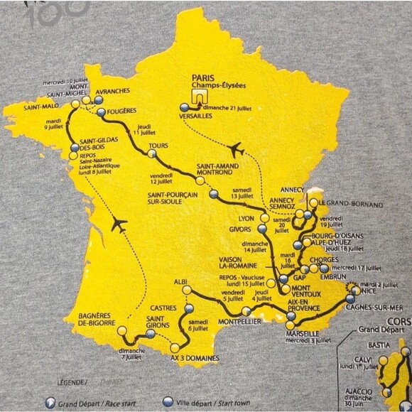 Paris Tour De France 2013 Race Map Gray and YellowShort Sleeve Tshirt size Large - Picture 13 of 16